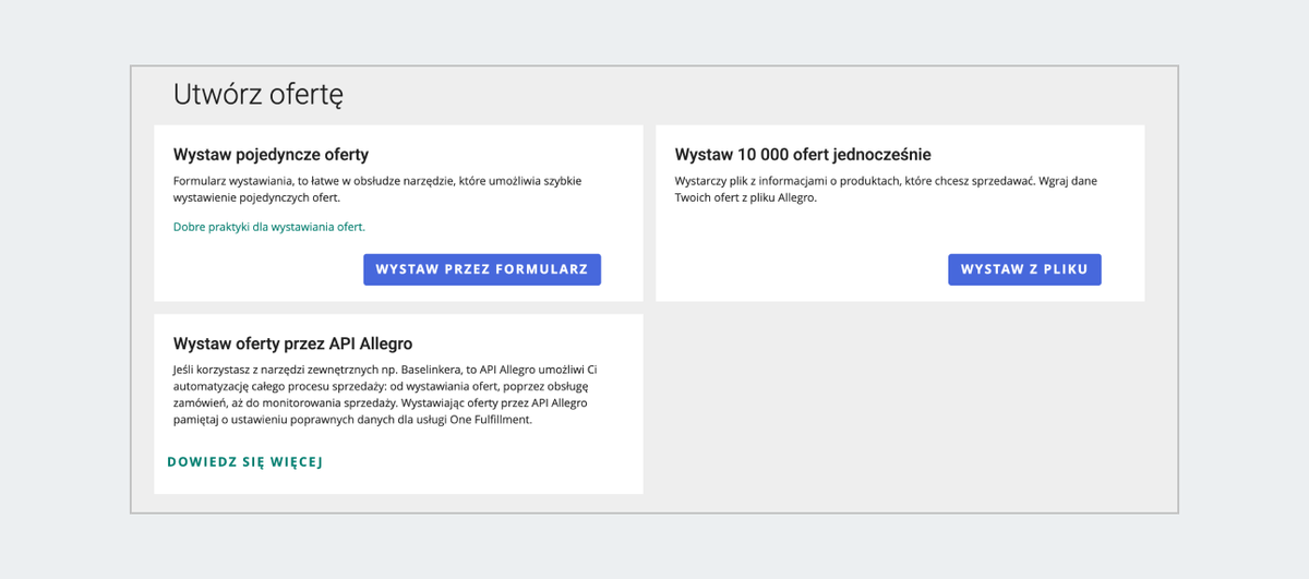 Widok sekcji związanych z tworzeniem ofert