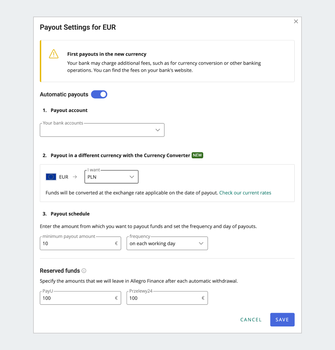 payout settings eur