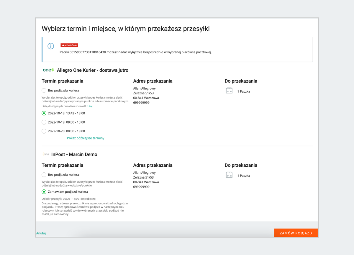 Widok części Zamawianie podjazdu