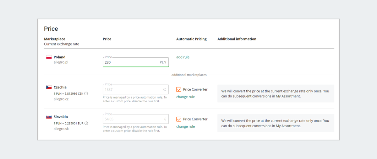 Price section in the listing form