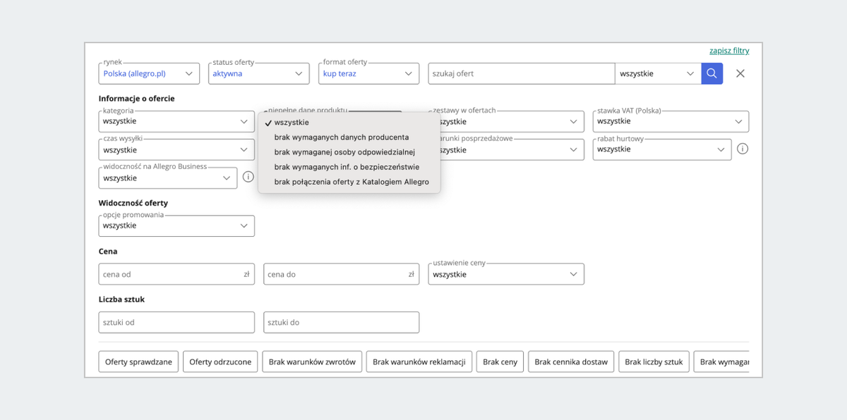 Zrzut ekranu z filtrem niepełne dane produktu