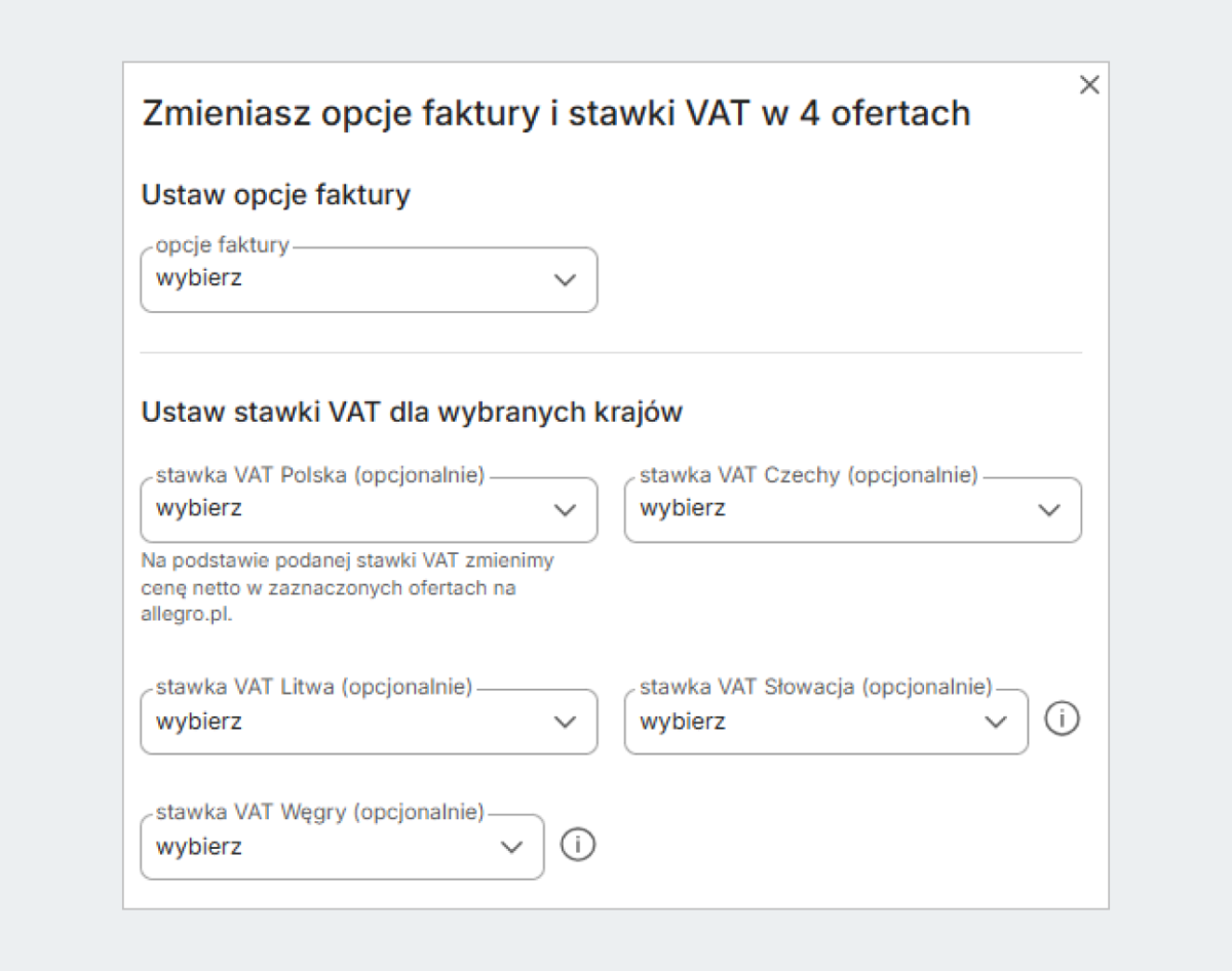 zrzut ekranu: Zmieniasz opcje faktury i stawki VAT w 4 ofertach