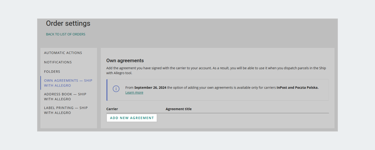 own agreements tab in order settings with add new agreement button selected