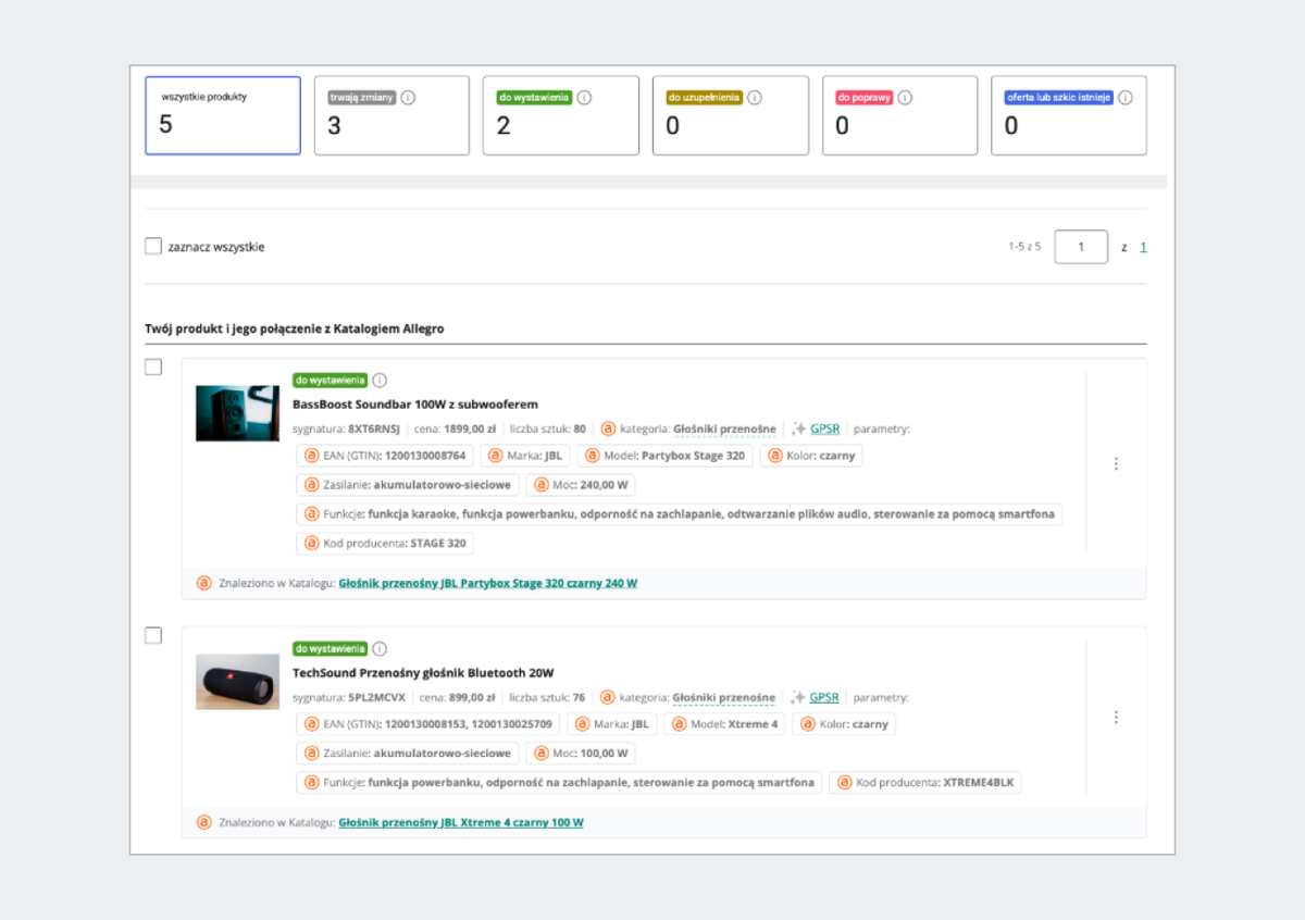 zrzut z ekranu: widok listy zaimportowanych produktów wraz z ich statusami