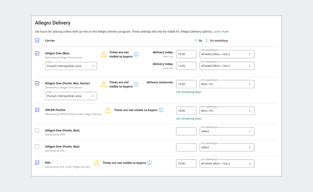 shipping times configuration screen for allegro delivery