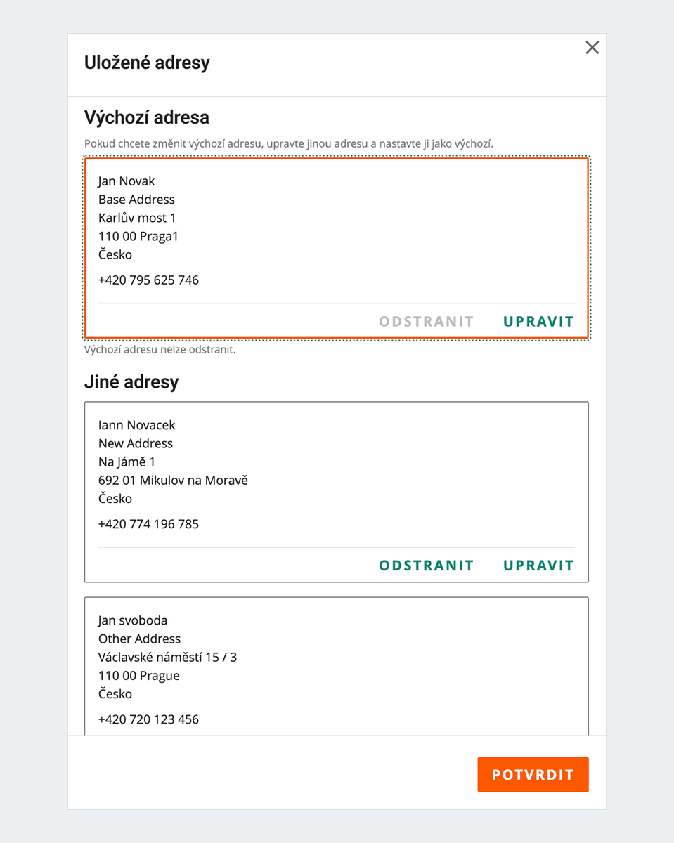 Saved Addresses Window: Czech address list, white background