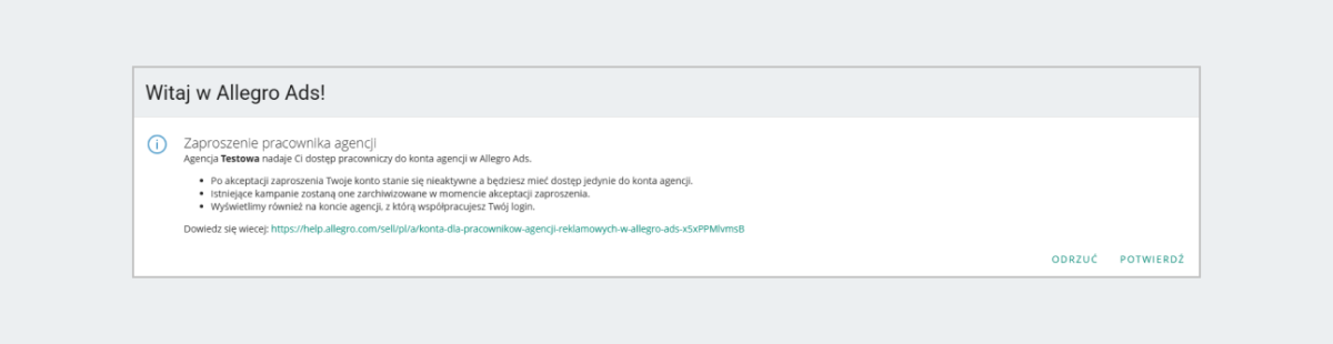 Zrzut ekranu - zaproszenie pracownika agencji. Możesz kliknąć odrzuć albo potwierdź