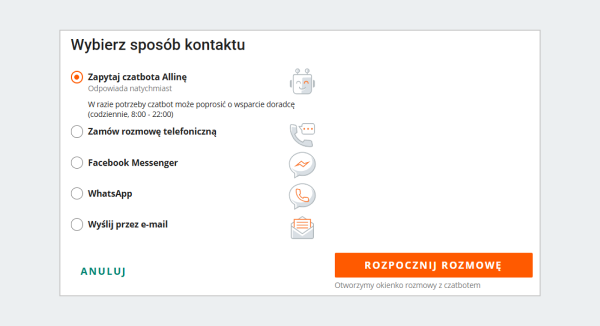 zrzut ekranu okna: wybierz sposób kontatku. Do wyboru jest: zapytaj czatbota Allinę, zamów rozmowę telefoniczną, Facebook Messenger, WhatsApp lub wyślij przez e-mail.