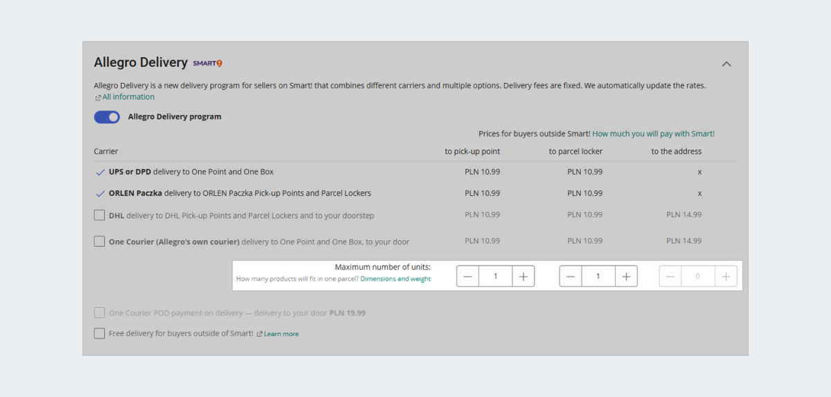 a d section in the shipping price list configuration max unit number option highlighted