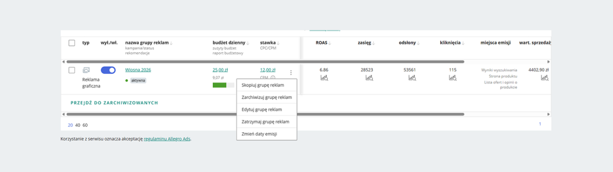 zrzut ekranu: skopiuj grupę reklam Allegro Ads