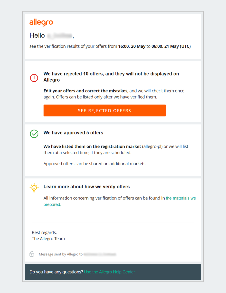 mejling z podsumowaniem wystawionych ofert e n