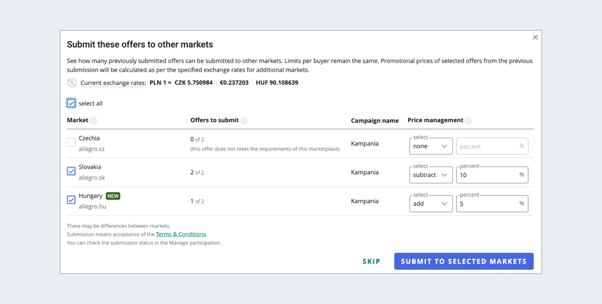 Screenshot of the Submit these offers to other markets section. Three markets are available to select: Czechia, Slovakia, and Hungary.