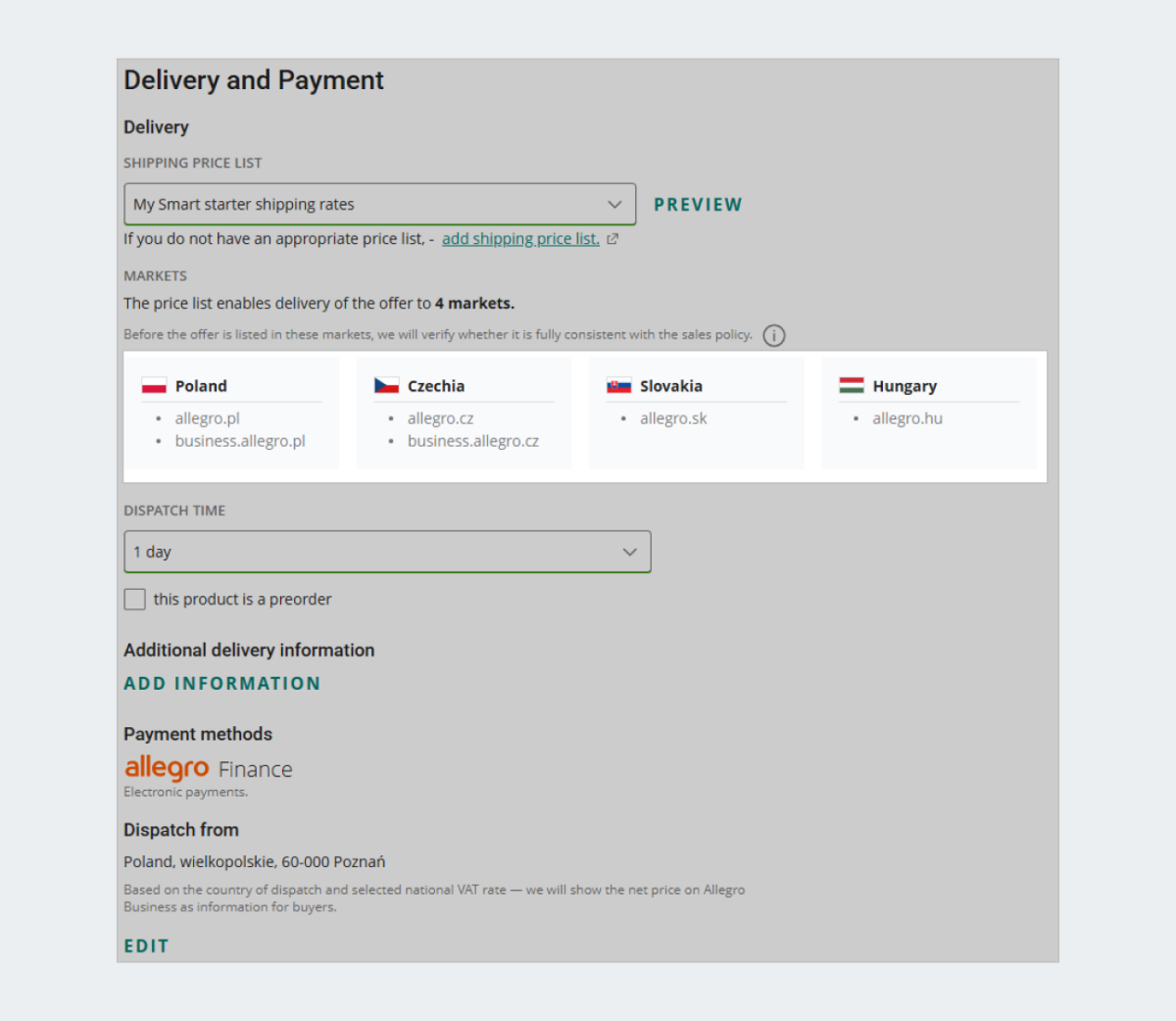 delivery and payment section of the listing form with visible marketplaces of sharing and other options