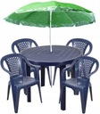 КОМПЛЕКТ 4+1 СТУЛЬЯ, СТОЛ + ЗОНТ, ТЕМНО-СИНИЙ ПЛАСТИК