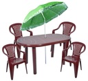 4+1 STÓŁ KRZESŁA PLASTIKOWE + PARASOL BORDOWY
