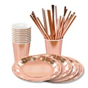 РОЗОВОЕ ЗОЛОТО Набор тарелок, чашек и трубочек на 12 персон