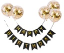 С Днем Рождения баннер черно-золотые воздушные шары с конфетти