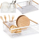 БЕЛАЯ ПОДСТАВКА ДЛЯ СУШКИ ПОСУДЫ, КАПЕЛЬНИЦА С ПОДДОНОМ, ДЕРЕВЯННЫЕ РУЧКИ