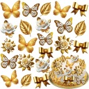 БАБОЧКИ ВАФЕЛЬНЫЕ ЦВЕТЫ ЗОЛОТО-БЕЛЫЕ БАНТЫ ДЛЯ ТОРТА ЛИСТЬЯМИ УКРАШЕНИЕ