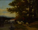 Ок1850 Старинная картина Пейзаж Пастух и скот Масло 61х51см