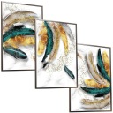 НАБОР ИЗОБРАЖЕНИЯ В РАМКЕ А3х3 ЗОЛОТЫЕ ЛИСТЬЯ ПЕРЬЯ В РАМКЕ