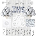 Balony baner napis IHS kurtyna srebrne płatki róż serwetki na I Komunię XL