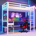 Двоярусне ліжко Дитяче ліжко Залізо Світлодіодний стіл USB C 90X200 Білий