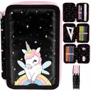 Футляр для карандашей с тремя отделениями, ЧЕРНЫЙ, ЗОЛОТЫЕ ЕДИНОРОГИ