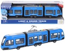 Сочлененный трамвай с синей подсветкой и звуковой дверью