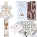 KSIĄŻECZKA MODLITEWNIK KOMUNIA + RÓŻANIEC PEREŁKA + PUDEŁECZKO + ŚWIECA MK