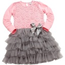 Кружевное платье, тюль с рюшами, РОЗОВЫЙ, СЕРЫЙ, длинные рукава, 110