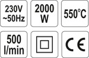 OPALARKA 2000W 70~550°C Z AKCESORIAMI Informacje dodatkowe regulacja temperatury walizka transportowa w zestawie