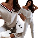 Женские спортивные комплекты, модная блузка, брюки, V-образный вырез, серые вставки, S/M