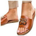 BRĄZOWE KLAPKI DAMSKIE Z SZEROKIM PASKIEM ZE ZŁOTĄ OZDOBĄ PŁASKIE r 37