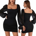 ELEGANCKA SUKIENKA WIECZOROWA MODNA MINI DŁUGI RĘKAW DEKOLT CZARNA S 36