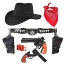 КОМПЛЕКТ КОВБОЙСКОГО НАРЯДА, ЧЕРНАЯ ШЛЯПА, БАНДАМА, КОБУРА, 2 РЕВОЛЬВЕРА + КЕПКИ.