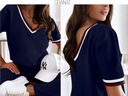 Женские спортивные комплекты, модная блузка, брюки, V-образный вырез, темно-синие вставки, S/M