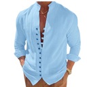 Хлопковая мужская рубашка синего цвета с декоративными пуговицами и элегантным воротником-стойкой.