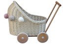 Плетеная кукольная коляска БЕЛАЯ с помпонами-толкателями