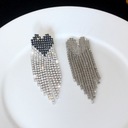 Серебряные серьги-сердечки, черная бахрома, цирконы, 86 м