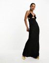 Asos Design NH2 aqx čierne maxi šaty satén odhalený chrbát výrezy L Veľkosť L