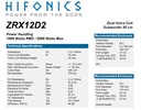 HiFonics ZRX12D2 — 30 см, 2x2 Ом, 1000 Rms, новинка!!