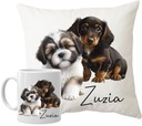 ZESTAW PREZENTOWY KUBEK + PODUSZKA z PSAMI PIESKI + TWOJE IMIĘ
