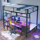 Двоярусне ліжко 90x200+140x200 з письмовим столом, шухлядами, LED та USB, чорне металеве