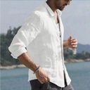 Мужская белая льняная рубашка на пуговицах с длинным рукавом и воротником