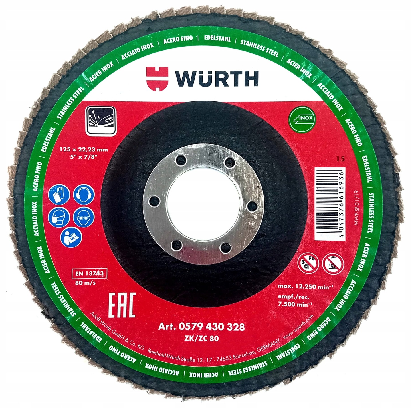 WURTH Tarcza ścierna G80 LAMELOWA DO STALI NIERDZEWNEJ 125 80 INOX CYRKON 