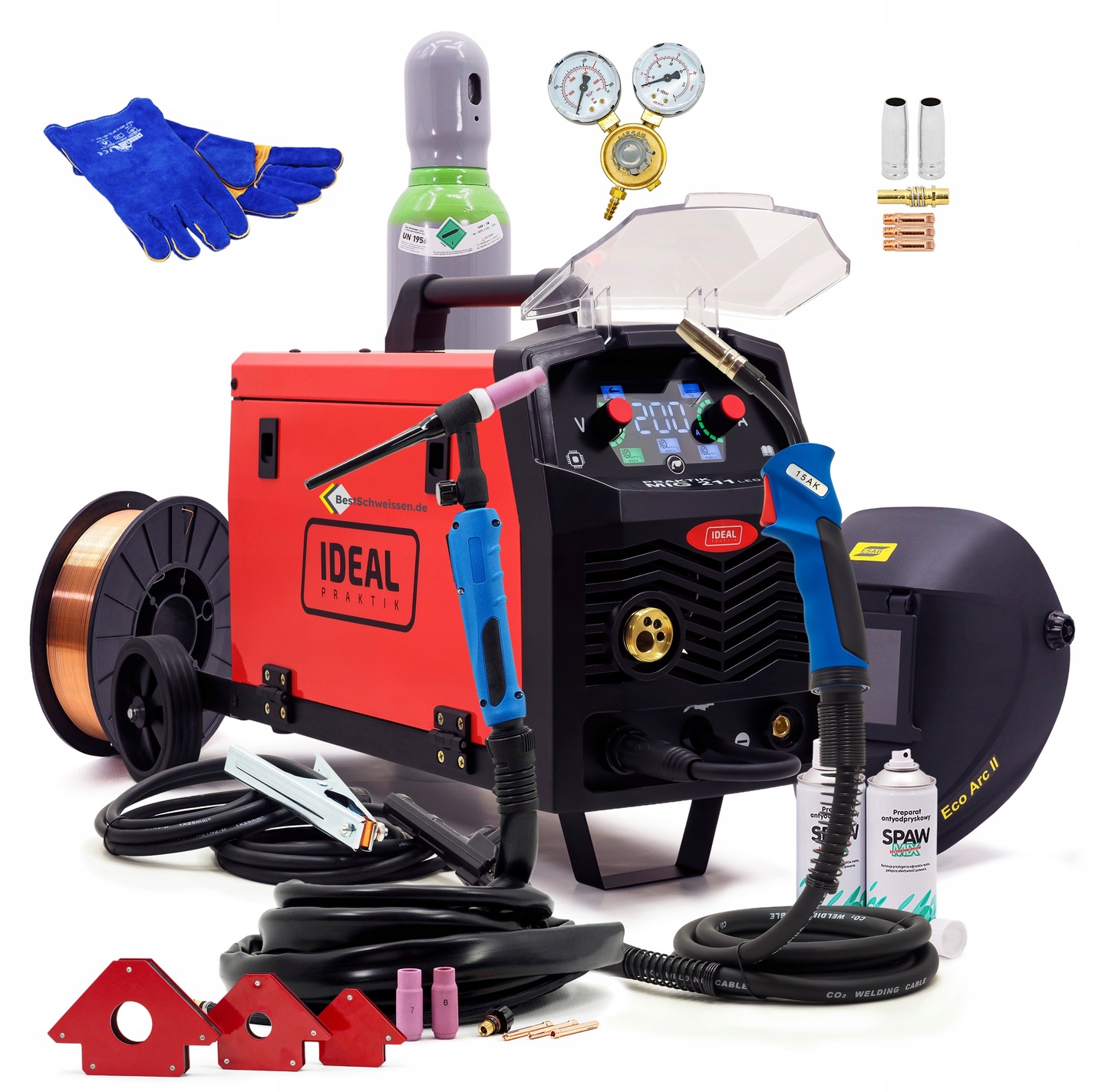 ZESTAW Spawarka IDEAL PRAKTIK MIG 211 SYNERGIC LED SYNERGIA BUTLA REDUKTOR  PRZYŁBICA