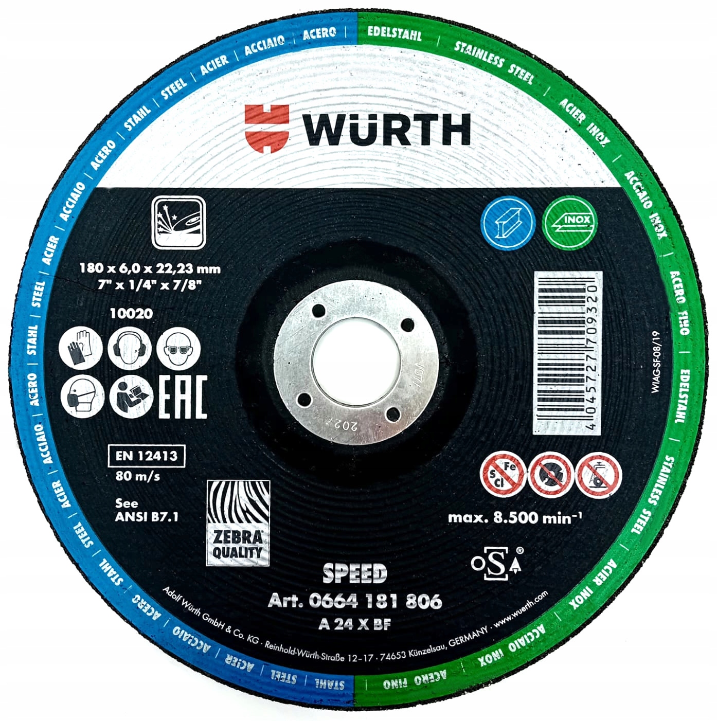 WURTH TARCZA DO SZLIFOWANIA SPEED 180x6,0x22,2 6,0mm DO STALI ZWYKŁEJ INOX