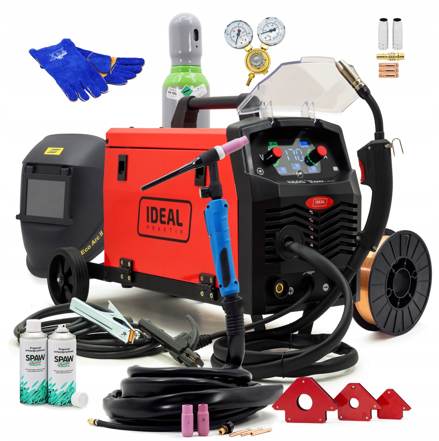 ZESTAW SPAWARKA IDEAL PRAKTIK MIG 200 SYNERGIC LED MIGOMAT 200A MMA  PRZYŁBICA BUTLA
