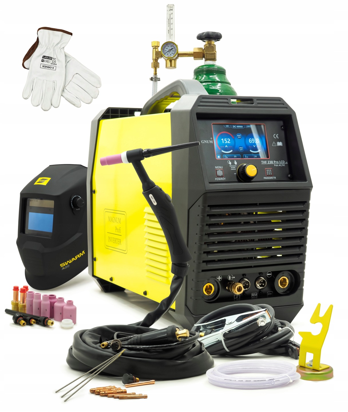Zestaw Spawarka TIG MAGNUM THF 238 PRO AC/DC LCD PULS v2 Butla przyłbica